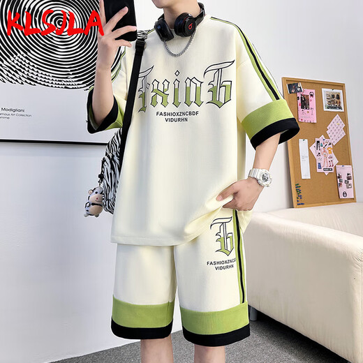 
KLSJLA casual suit men's summer trendy brand ice silk sports short-sleeved shorts men's suit a set with handsome teenagers DT681 khaki suit L 175 (about 120-145 Jin [Jin equals 0.5 kg] can be worn)