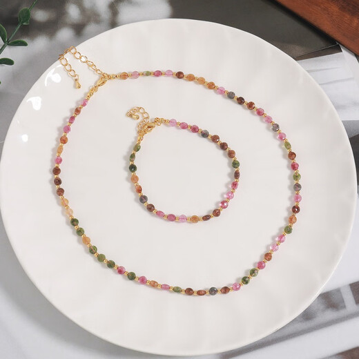 Fat Donglai's same style tourmaline necklace new retro color natural stone hand-beaded clavicle chain tourmaline stone necklace