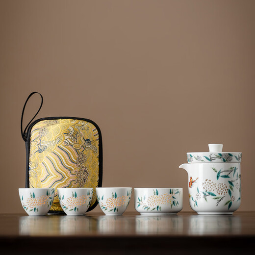 Exquisite travel tea set, portable bag type, single quick cup, one pot, four cups, outdoor kung fu travel teapot, blue and white exquisite porcelain travel tea set, flower style