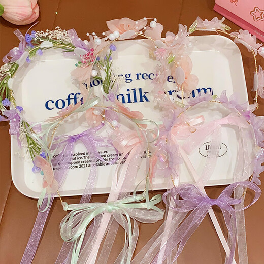 Muyu Fairy Garland Headband Children's Flower Ribbon Accessories Girls Hair Accessories Non-Slip Non-Hairing Hair Accessories Little Girls Garland Pink Apricot Flower One Pack