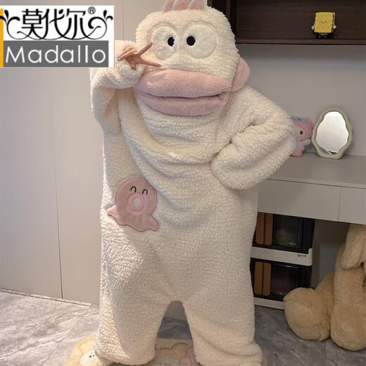 Modal Ugly Fish Big Mouth Fish One-piece Coral Velvet Pajamas for Women Autumn and Winter Funny Thickened Warm Large Size Plush Home Clothes Little White Fish Shoes L Size Recommended Height 163-170cm