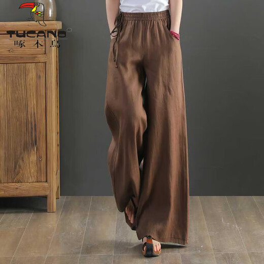 Woodpecker cotton and linen wide-leg pants for women in summer new Korean style fashionable straight-leg mopping pants loose large size draped linen casual pants gray [lace-up style] 9793 2XL [recommended 145-160Jin [Jin equals 0.5 kg]]