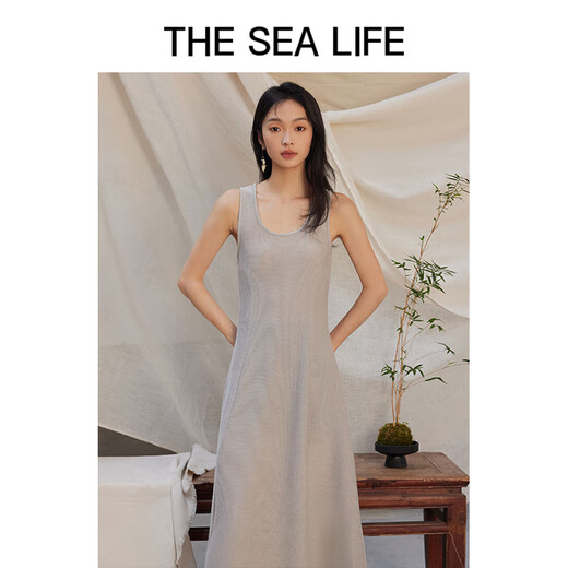 
THE SEA LIFE French large skirt dress for women 24 summer sleeveless simple round neck mid-length dress 16822 Glimmer green S