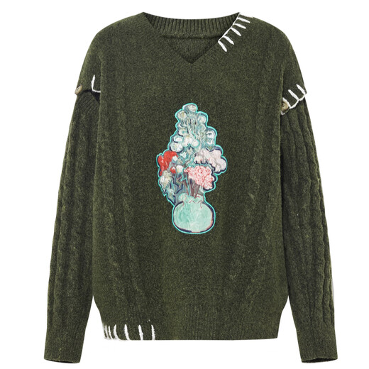 Two or Three Things Van Gogh Literary and Fragrant Wilderness 2025 Winter New Style Printed Patch Embroidery String Detachable Sleeve Sweater Women Olive Green L