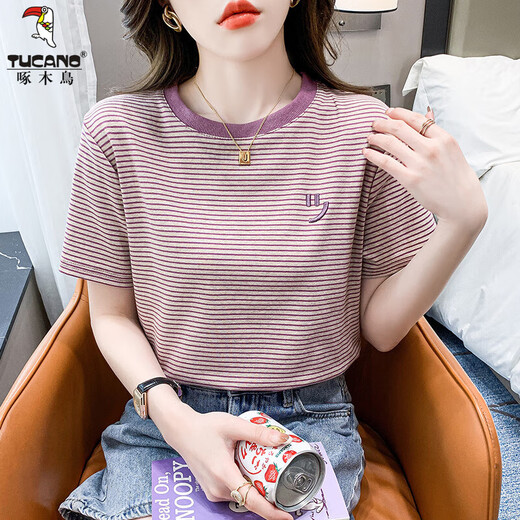 啄木鸟条纹短袖t恤女2025年夏季新款百搭修身打底体恤笑脸刺绣上衣ins 红色9928 M 建议95-105斤