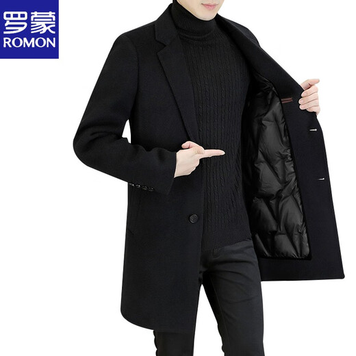 ROMON Light luxury high-end wool men's double-sided woolen coat goose down lining cashmere woolen coat mid-length autumn and winter black 9923-100 sheep-wool 185/96A 2XL-150-165Jin Jin equals 0.5 kg