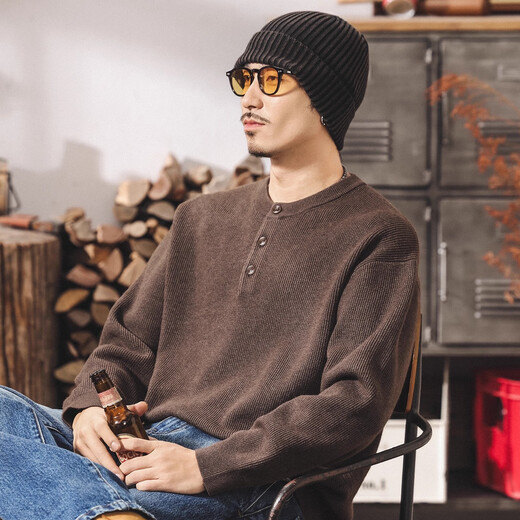 Jay Leno American retro lazy style Henry collar sweater men's autumn and winter new loose casual spring and autumn trendy brand men's sweater coffee 600g heavy XL suitable for 145-160Jin Jin equals 0.5 kg