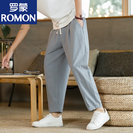 罗蒙（ROMON）亚麻九分裤男夏季薄款休闲裤中国风棉麻裤子直筒宽松锥形裤9分裤 浅灰色+深灰色 2XL 136-150斤