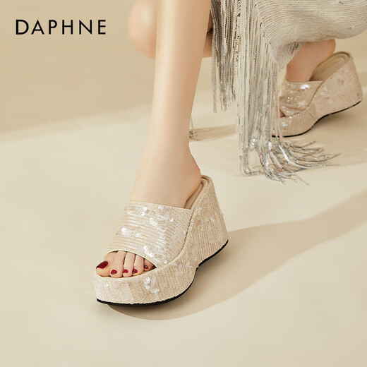 
Daphne thick-soled sequin high-heeled heeled sandals for women in summer small heightened fashion flip-flops for women apricot color 36