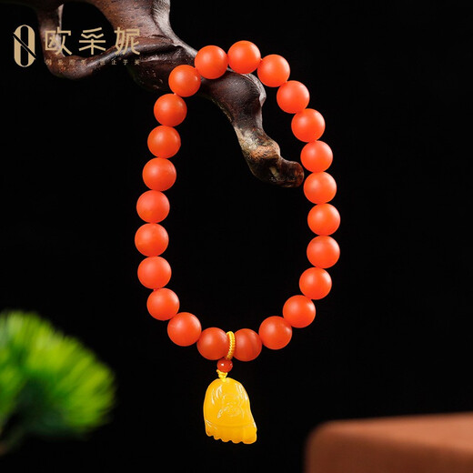 Ouchini Baoshan South Red Agate Bracelet Natural Buddha Beads Full-Fleshed Persimmon Red Multi-Bracelet Men and Women Styles with Contentment Changle Beeswax Pendant Ready Shipment One-item One-Certificate