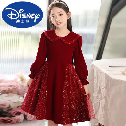 Disney Girls Dress Velvet Children's Skirt Red Princess Dress Host Performance Clothes Autumn and Winter Long Sleeve Plus Velvet Red Plus Velvet 140