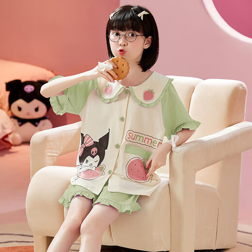 曼妮朵女童睡衣夏季纯棉小女孩新款儿童家居服宝宝开衫短袖短裤套装薄款 B4877紫【双短】 110cm 10码建议105-115cm