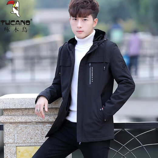 啄木鸟外套男士外套2024春秋新款连帽休闲户外宽松立领御寒夹克男 黑色 3XL 【建议体重155-170斤】