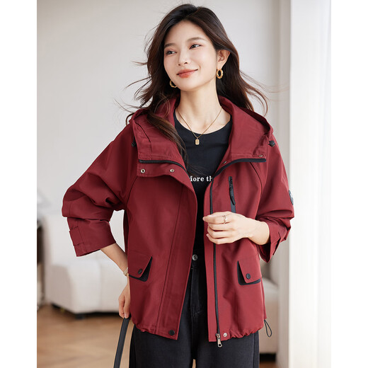TERRE BLEUE Fashionable Versatile Jacket Women's 2025 Autumn New Age-Reducing Hooded Cardigan Windbreaker Red Velvet XL