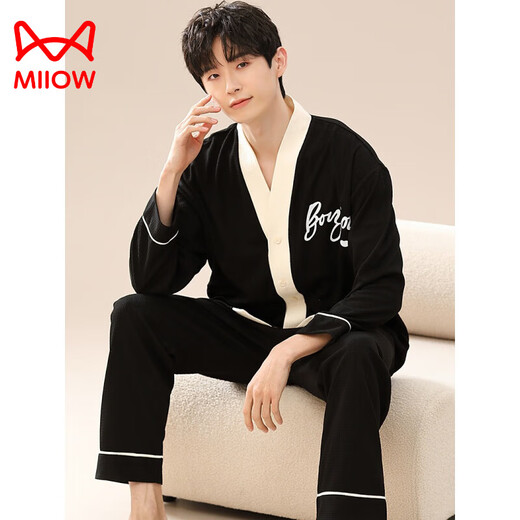 
Catman (MiiOW) pajamas for men in spring and autumn new pure cotton long-sleeved large-size autumn and winter style can be worn on the outside sports cardigan home clothing set LS1343 cardigan set Men 3XL [recommended 160-180Jin [Jin equals 0.5 kg]]