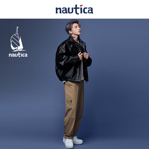 Nautica white sail star same style white sail CityBoy unisex Japanese loose O-type retro imitation leather jacket JW5402 black 0TB S