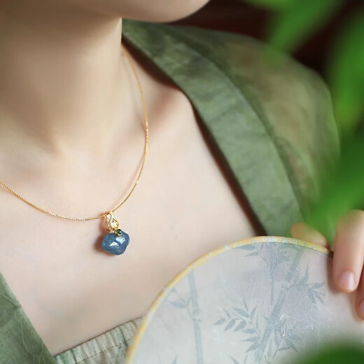 Henglijia Natural Jade Blue Jade Ruyi Lock Sterling Silver Pendant Women's New Chinese Style National Style Jade Longevity Lock Gold Inlaid Jade Necklace Single Pendant