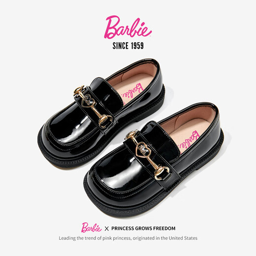 Barbie Children's Shoes Girls Spring and Autumn British Style Girls Performance Bright Leather Black Leather Shoes Slip-On DA6562 Black Size 36