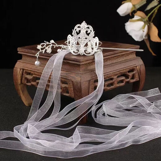Meng Junchen, ancient style Hanfu hair crown, hair crown, crown headband, ancient style film and television style crown, unisex, white ribbon hair crown + hairpin