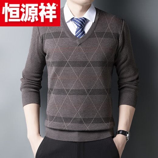 Hengyuanxiang (HYX) autumn and winter dad wear men's sweater V-neck thickened knitted sweater middle-aged and elderly plaid sweetheart collar bottoming shirt high-end brand special price off code JS1977 gray thickened high-end brand special price off code 3XL185 code recommended 170-190 Jin Jin equals 0.5 kg