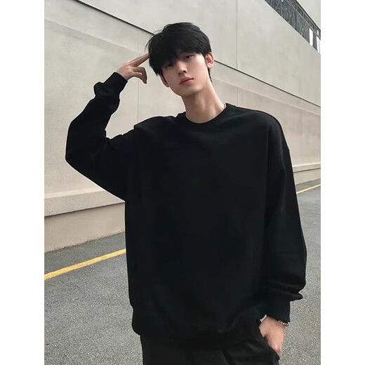 Katuchi cleanfit black heavyweight round neck sweatshirt men's autumn American retro handsome long-sleeved inner bottoming shirt top black XL
