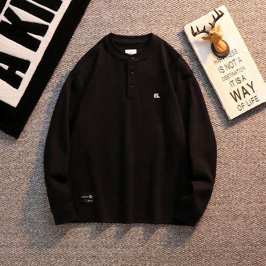 Kuraishi Kazuki autumn and winter trendy brand new American Henry collar long-sleeved T-shirt sweatshirt men's velvet Henry shirt jacket top clothes black M