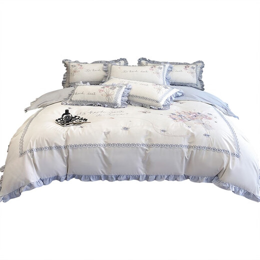 Mercury Series Small Fresh Cotton Washed Cotton Four-piece Set Girly Heart Flower Embroidery Lotus Leaf Lace Quilt Cover Pure Cotton Bedding Hot Sale-Xinjiang Cotton-Dielianhua-Mist Blue 1.8m Sheet Style Four-piece Set Quilt Cover 200*230