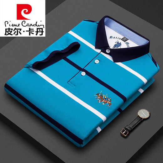 皮尔卡丹冰丝POLO衫翻领短袖t恤男士上衣时尚潮流品牌高端纯棉刺绣T恤衫 白色条纹【3882款】 M 48/170