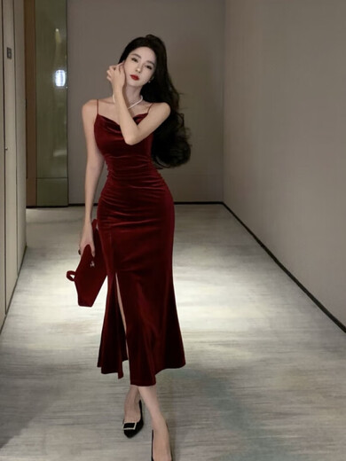 
Simplified 2024 new French retro velvet waist tight slit hip suspender skirt inner long skirt 9737-Brew Red Wine Red m