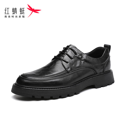 红蜻蜓皮鞋男厚底增高商务正装鞋手抓纹牛皮休闲鞋男WTA343201黑色41