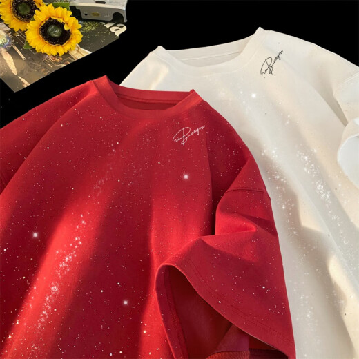 遥渠（YAO QU）短袖T恤男夏高品质满天星亮片短袖体恤衫小众设计感国潮宽松上衣 黑色 XL