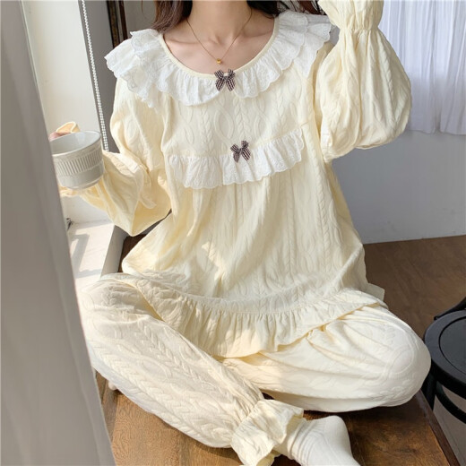 TULX睡衣女宫廷风秋季女款甜美小个子2023新款棉长袖家居服春秋款 杏色6210#【33Y】 M 75-95斤
