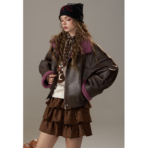 Fairy's Pocket Retro Jacket Plush Cotton Leather Jacket Women's 2025 Winter New Contrast Color Fur One-piece Jacket Retro Brown L