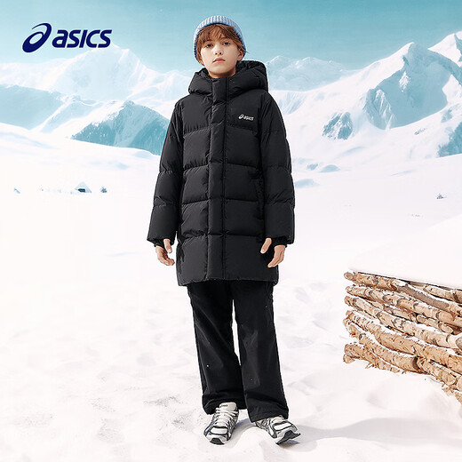 ASICS Children's Clothing 25 Years Winter Children's Mid-Length Down Jacket, Fluffy, Stylish, Thickened, Warm and Waterproof Black 85% Down 160 Filled Down 166.6g