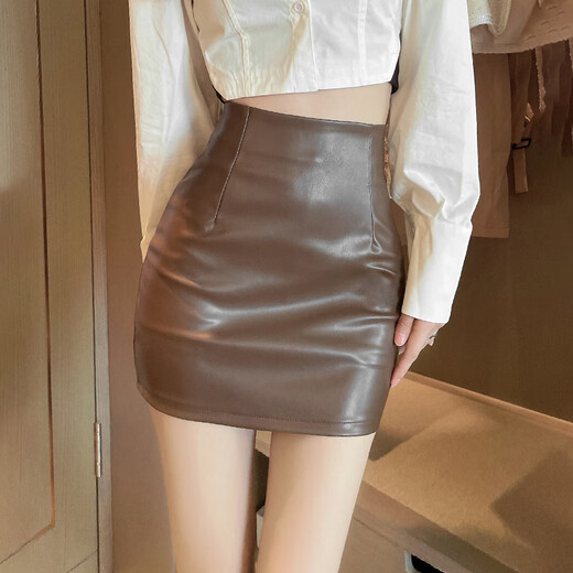 Pierre Cardin brown short hip-hugging skirt dark brown leather skirt 2025 new high-waisted royal sister tight-fitting skirt pu leather skirt brown anti-exposure lining M soft leather