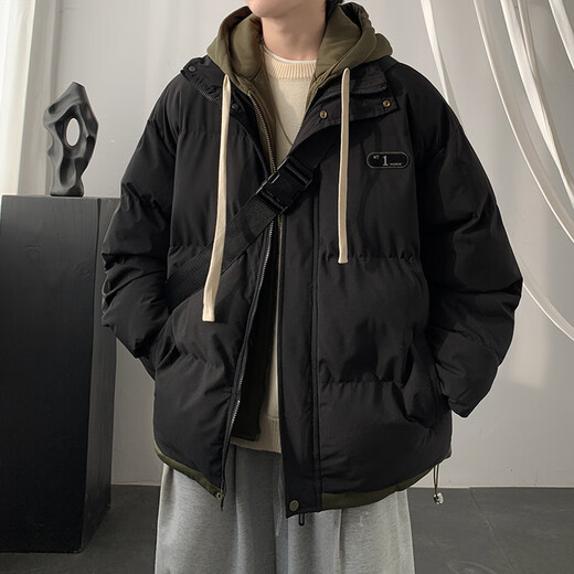VUUG fake two-piece hooded thickened down cotton coat men's winter bread coat and cotton coat black XL