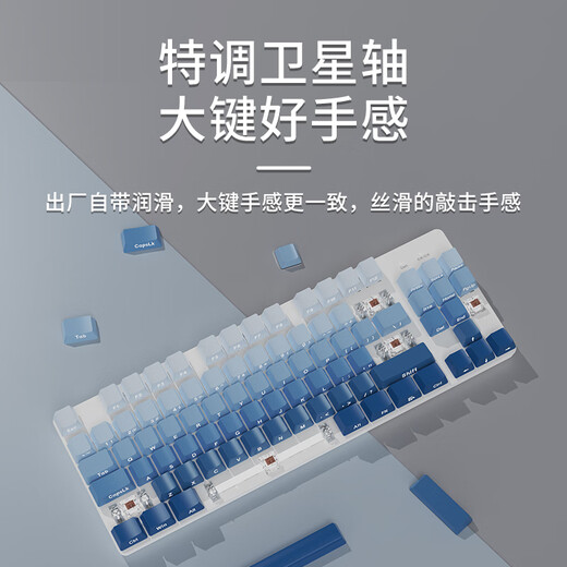 Forerunner (EWEADN) MT80 kabelloses mechanisches Tastatur- und Mausset, kabelgebunden, Bluetooth, drei Modi, Gradienten-Seitengravur, 104/87 Konfigurationsspiel, E-Sport, Mädchenbüro, hoch aussehender Laptop, spezieller Nebel, blaue Seitengravur, 104 Tasten, weißes Licht, kabellose Drei-Modus-Maus + geräuschlose Teeachse (Codewort Büro)