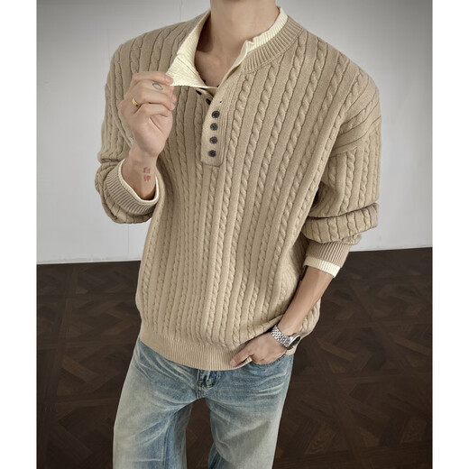 Unicorn cool American Henry collar sweater men's autumn and winter trendy brand old money style men's top with fake two-piece knitted sweater for men Gray M