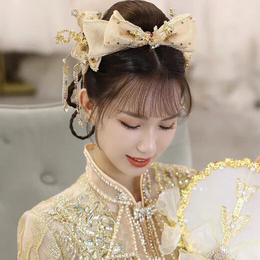 Lingchuan Xiuhe tiara bridal toast clothing female Xiuhe clothing Chinese hair accessories red simple and elegant bow FD067 wine red pair clip + ear clip