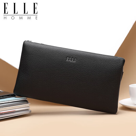ELLE HOMME men's handbag, top layer deer leather zipper wallet, large capacity clutch bag, fashionable men's bag, EB282300450 black, birthday gift for boyfriend