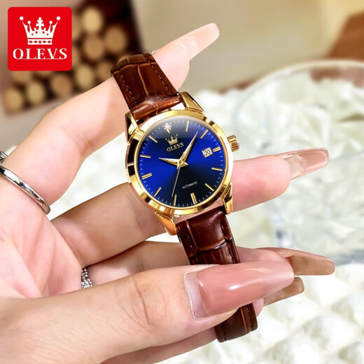 
OLEVS Swiss certified brand watch women's fully automatic mechanical watch calendar luminous waterproof high-end quartz watch [Mechanical watch] Brown leather gold blue surface-6629