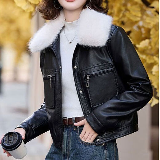Playboy (PLAYBOY) brand Haining detachable fur collar leather jacket for women 2025 autumn and winter new velvet thickened leather jacket motorcycle wear fur detachable fur collar brown XL size recommended 105-120 Jin Jin equals 0.5 kg