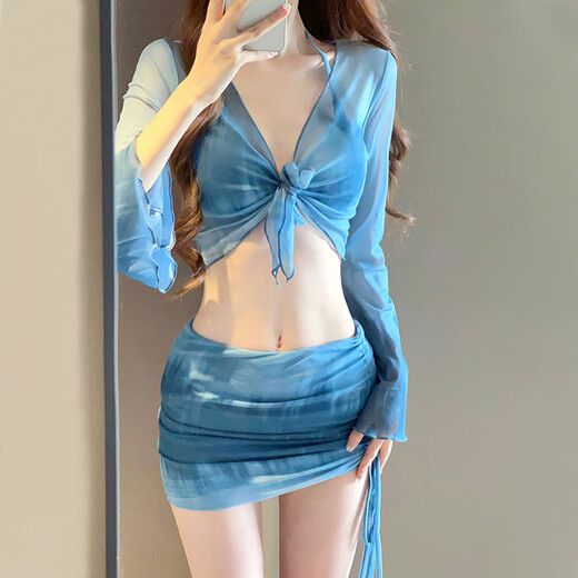 Xinnan 4-piece bikini swimsuit for women 2025 new style seaside vacation conservative high-end split swimsuit hot spring blue recommended 80-120 Jin Jin equals 0.5 kg