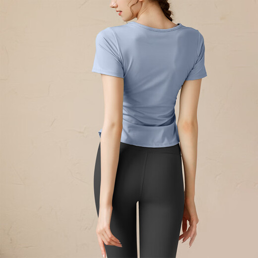 Bo Naling Yoga Wear Two-piece Set Women's Summer Sports Fitness Running Quick-Drying Pilates Training Dance Wear Short-Sleeved Trousers Set Yoga Suit Gray Lake Blue + Black Trousers M 105-120Jin Jin equals 0.5 kg