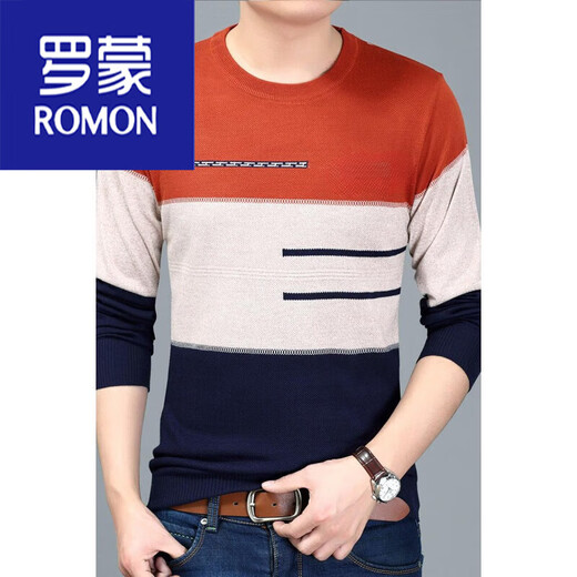ROMON round neck sweater thin spring and autumn pullover men's sweater base sheep sweater. Sweater thread blue 1807 thin. 175/XL