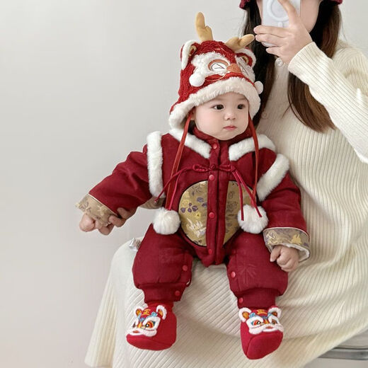 Disney (Disney) baby New Year's greetings winter jumpsuit female baby's 100th birthday celebration dress male BMW New Year's celebration new year clothing single red hat 36cm 66