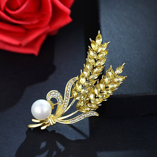 QUAMER high-end wheat ear brooch for women, exquisite and elegant temperament, metal pearl pin, clothing accessories, double wheat ear brooch