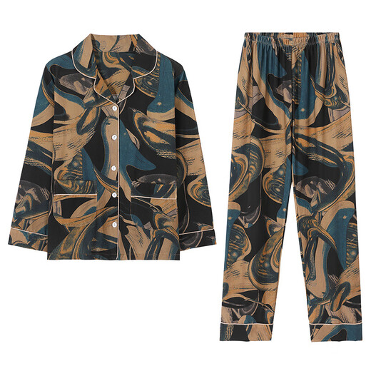 Modal pajamas women's pure cotton long-sleeved spring, autumn and winter cardigan large size loose middle-aged mother's home clothing set XEQ9906 XL - weight 120-140Jin [Jin equals 0.5 kg]