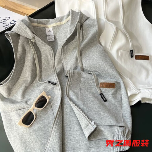 Van Zheshas neue ärmelloses Weste Sweatshirt für den Frühling, Frauen mit Kapuze -Strickjacke für Frauen koreanische Style Reißverschluss Nische Top 841 Grau vertikaler Pferd Clip XL 175