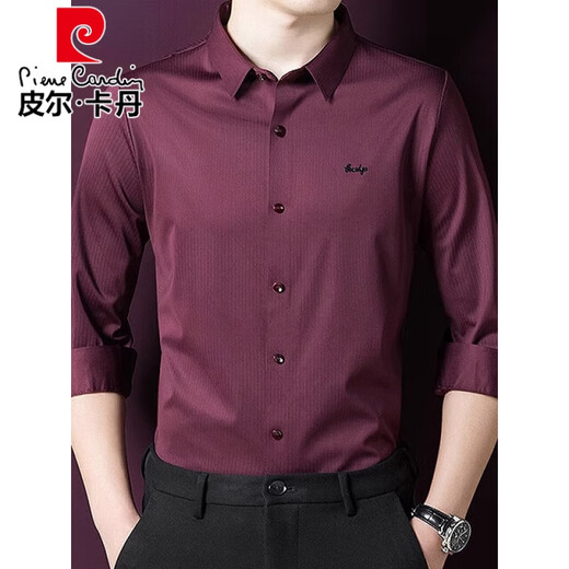 皮尔卡丹（pierre cardin）酒红色衬衫男长袖婚宴装喜公公结婚礼服爸爸本命年红衬衣父母服装 红色加绒6627 170